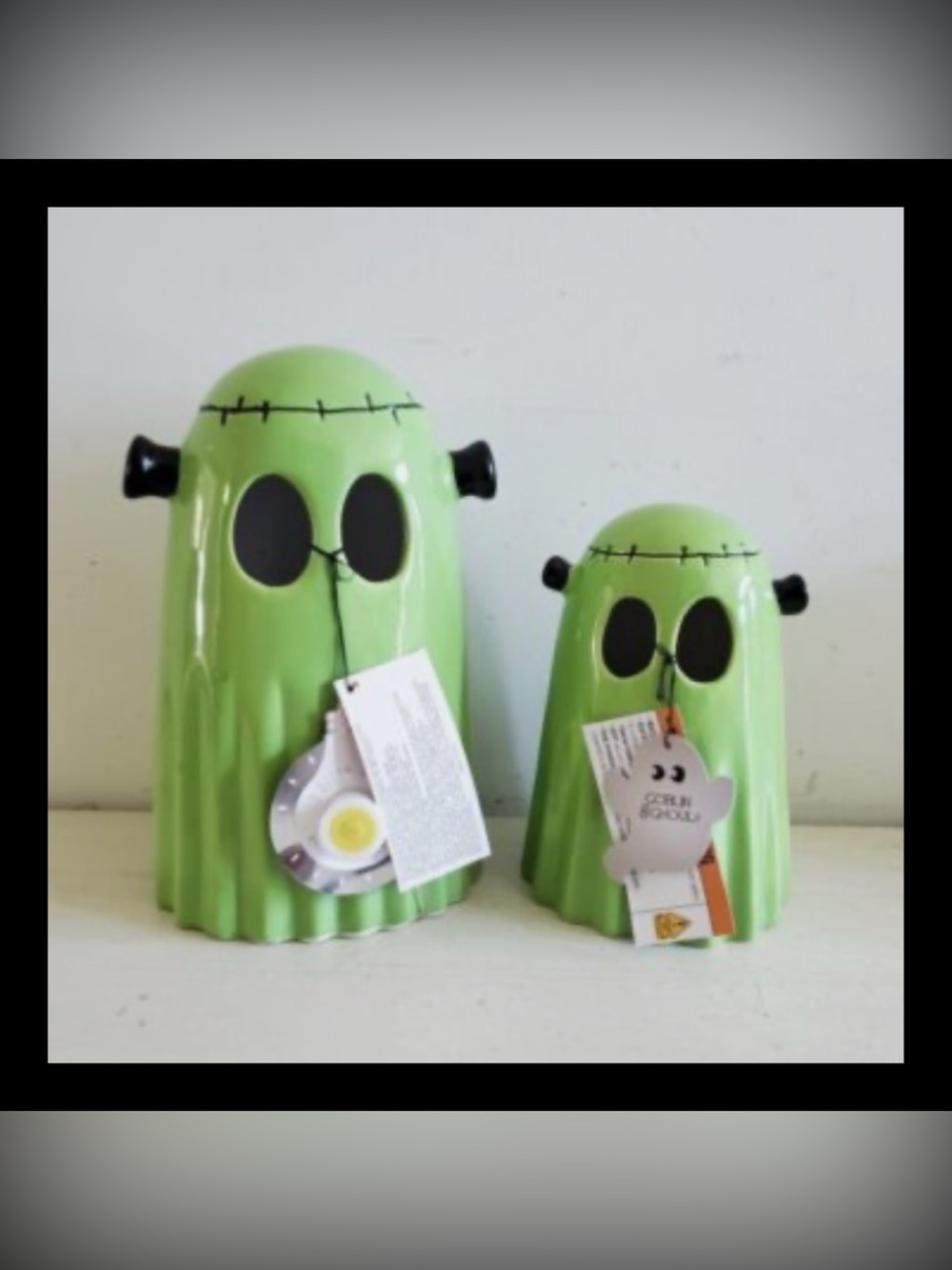 Goblin and Ghoul Halloween Ceramic Frankenstein Ghosts Pair NWT